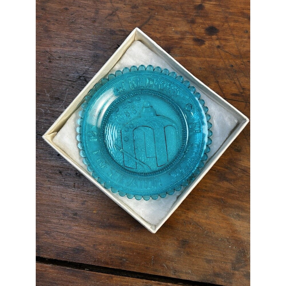Vintage Pairpoint Glass Cup Plate Turquoise New Bedford Preservation Society MA